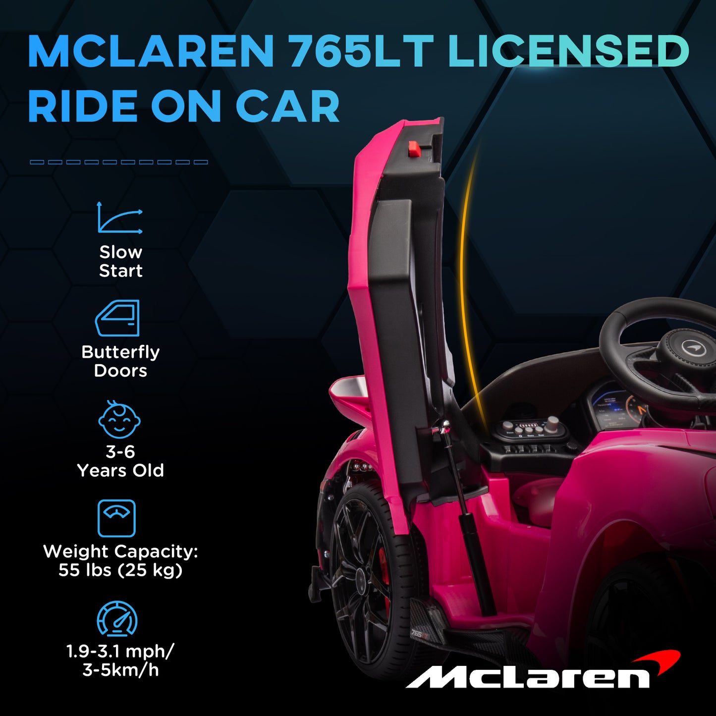 McLaren 765LT Licensed 12V Kids Electric Car w/ Scissor Doors, Training Wheels, Remote, Slow Start, Music Horn Pink Kids Crystal