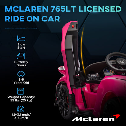 McLaren 765LT Licensed 12V Kids Electric Car w/ Scissor Doors, Training Wheels, Remote, Slow Start, Music Horn Pink
