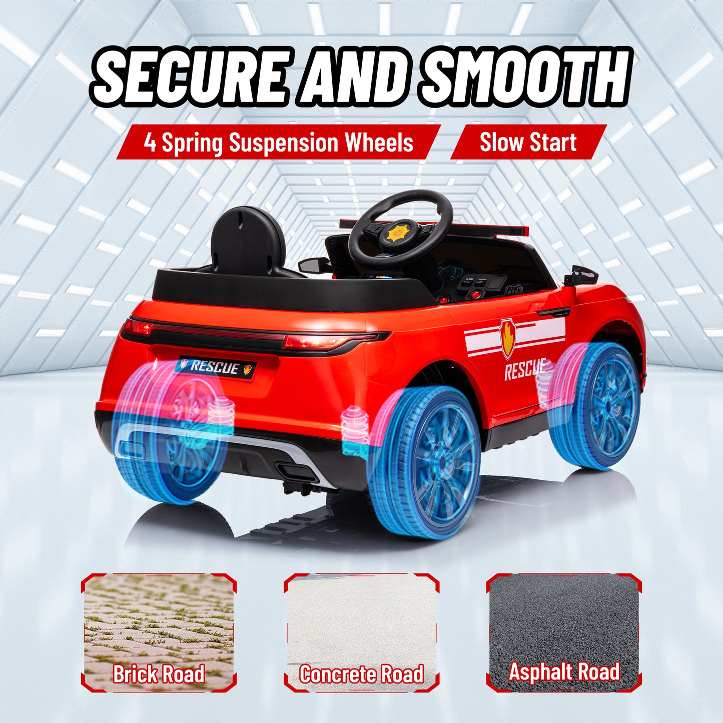 12V Kids Electric Fire Truck w/ Remote Control, Spring Suspension, Training Wheel, Siren, Music, Light, Horn, Red Kids Crystal