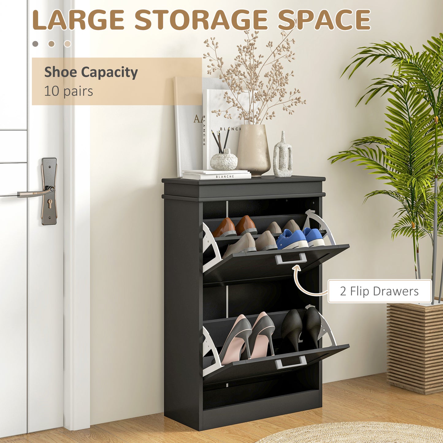 Compact Shoe Haven: 2 Flip Drawer Cabinet with Adjustable Shelves for 10 Pairs of Shoes, Black Finish Kids Crystal
