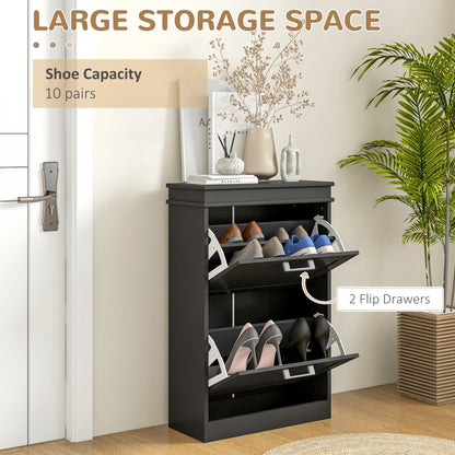 Compact Shoe Haven: 2 Flip Drawer Cabinet with Adjustable Shelves for 10 Pairs of Shoes, Black Finish