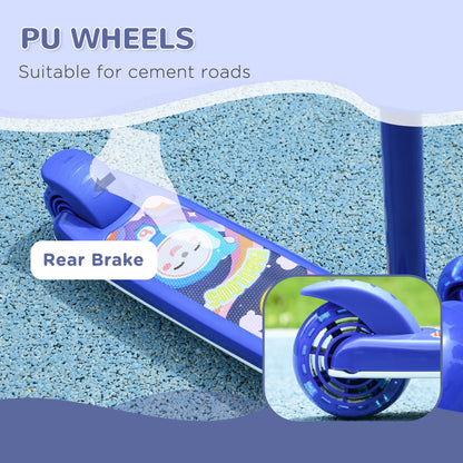 3 Wheel Kids Scooter, Toddler Kick Scooter with Adjustable Height, Rear-Fender Brake, LED Light, TPE Handlebar, Blue