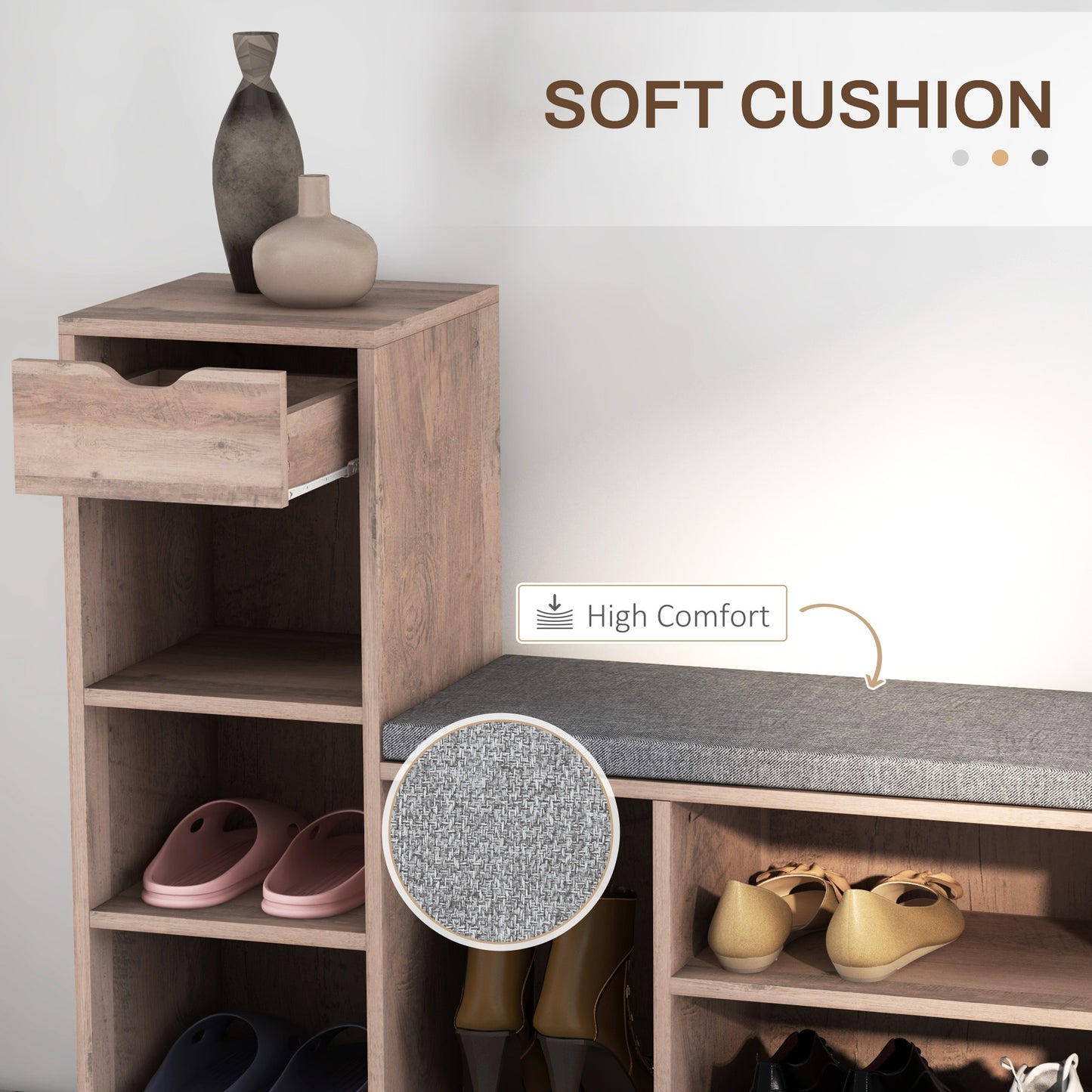 Upholstered Shoe Storage Bench w/ Seat, Entrance Bench w/ Drawer and 6 Open Shelves for Hallway, Grey Kids Crystal