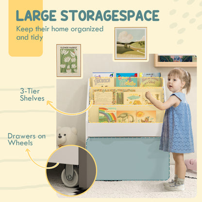Kids Bookshelf with 3 Tier Display Shelves, Drawer for Nursery, White