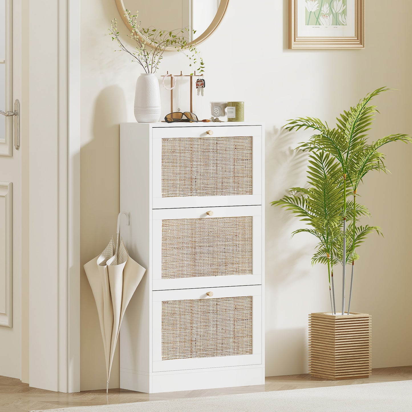 Rattan Shoe Storage Cabinet with 3 Flip Drawers and Adjustable Shelves, Entryway Shoe Cabinet for 18 Pairs, White Kids Crystal