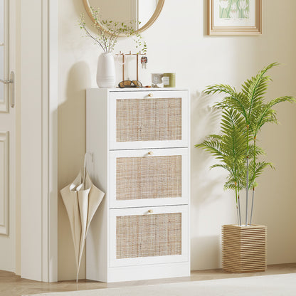 Rattan Shoe Storage Cabinet with 3 Flip Drawers and Adjustable Shelves, Entryway Shoe Cabinet for 18 Pairs, White