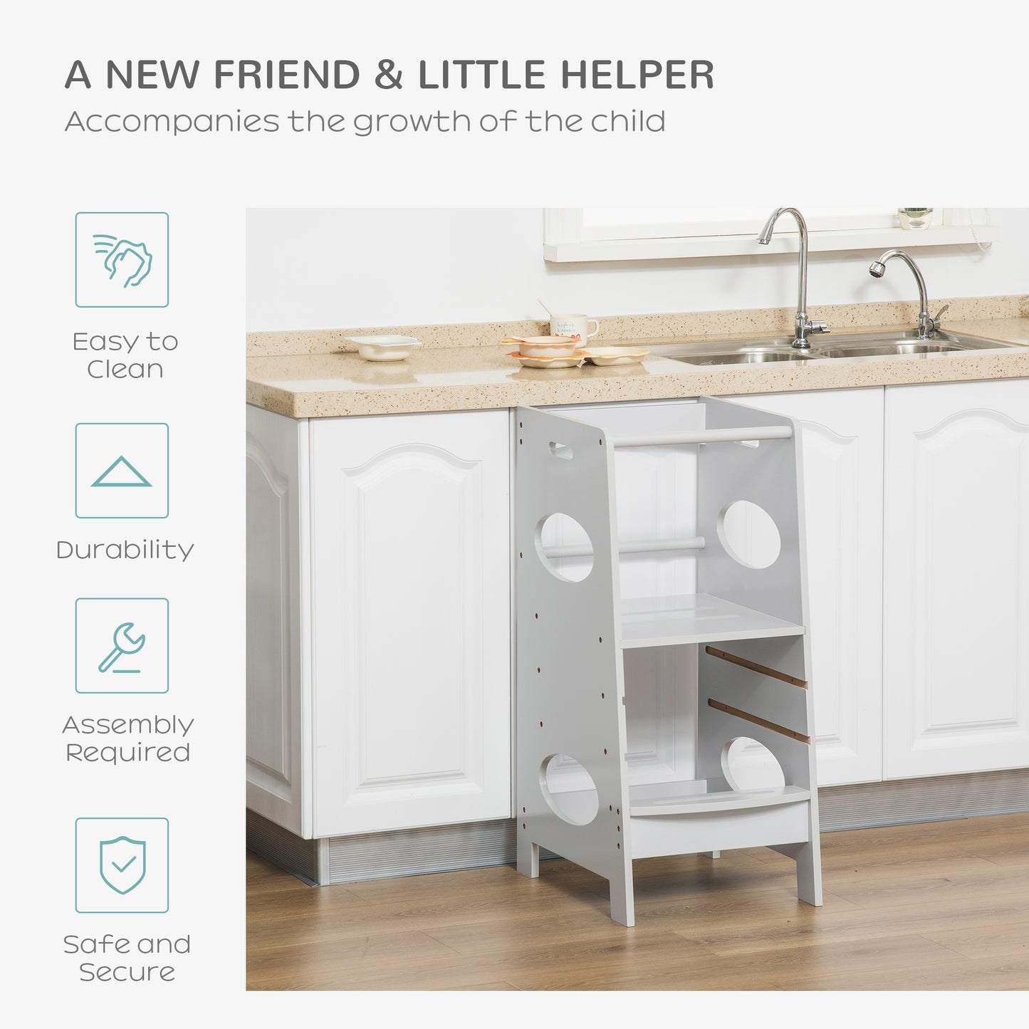 Adjustable Toddler Kitchen Step Stool with Safety Rail in Grey - Perfect for Little Helpers