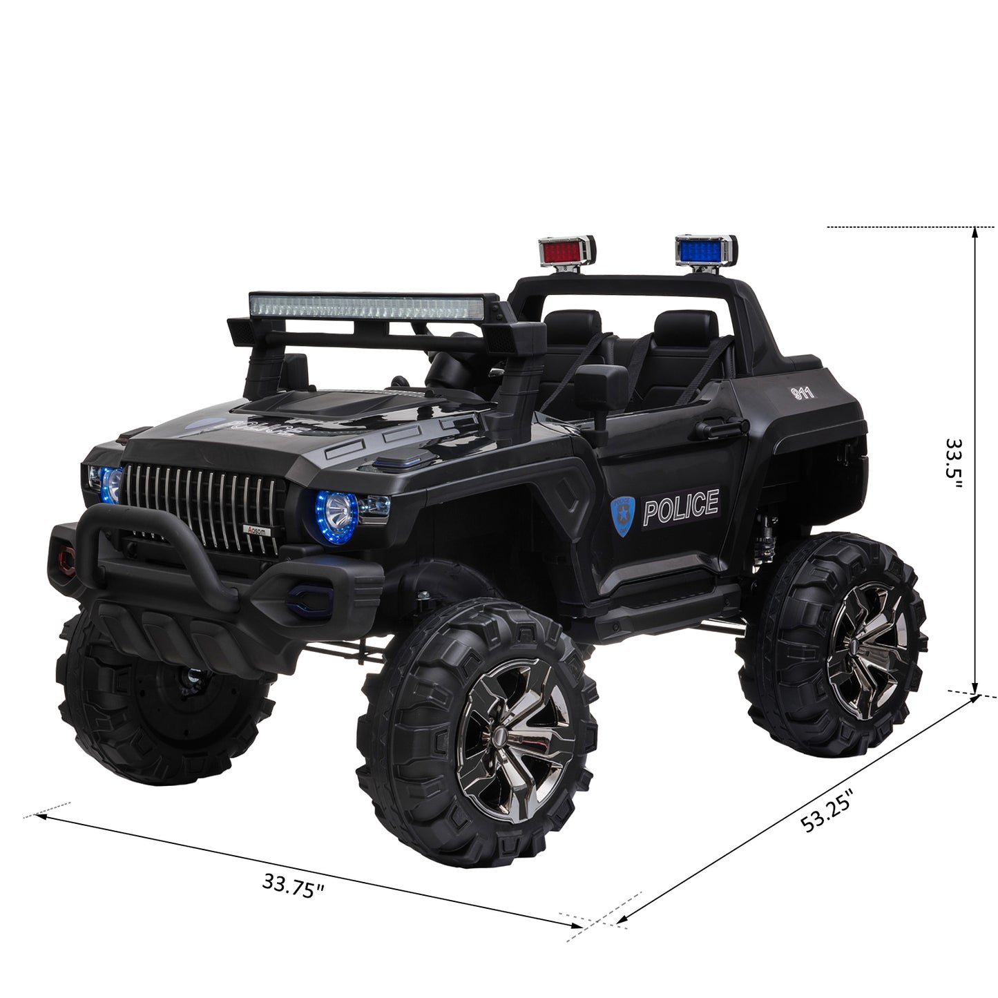 12V Kids Police Truck Ride-On Car RC 2-Seater with LED Lights MP3 Parental Remote Control Black Kids Crystal