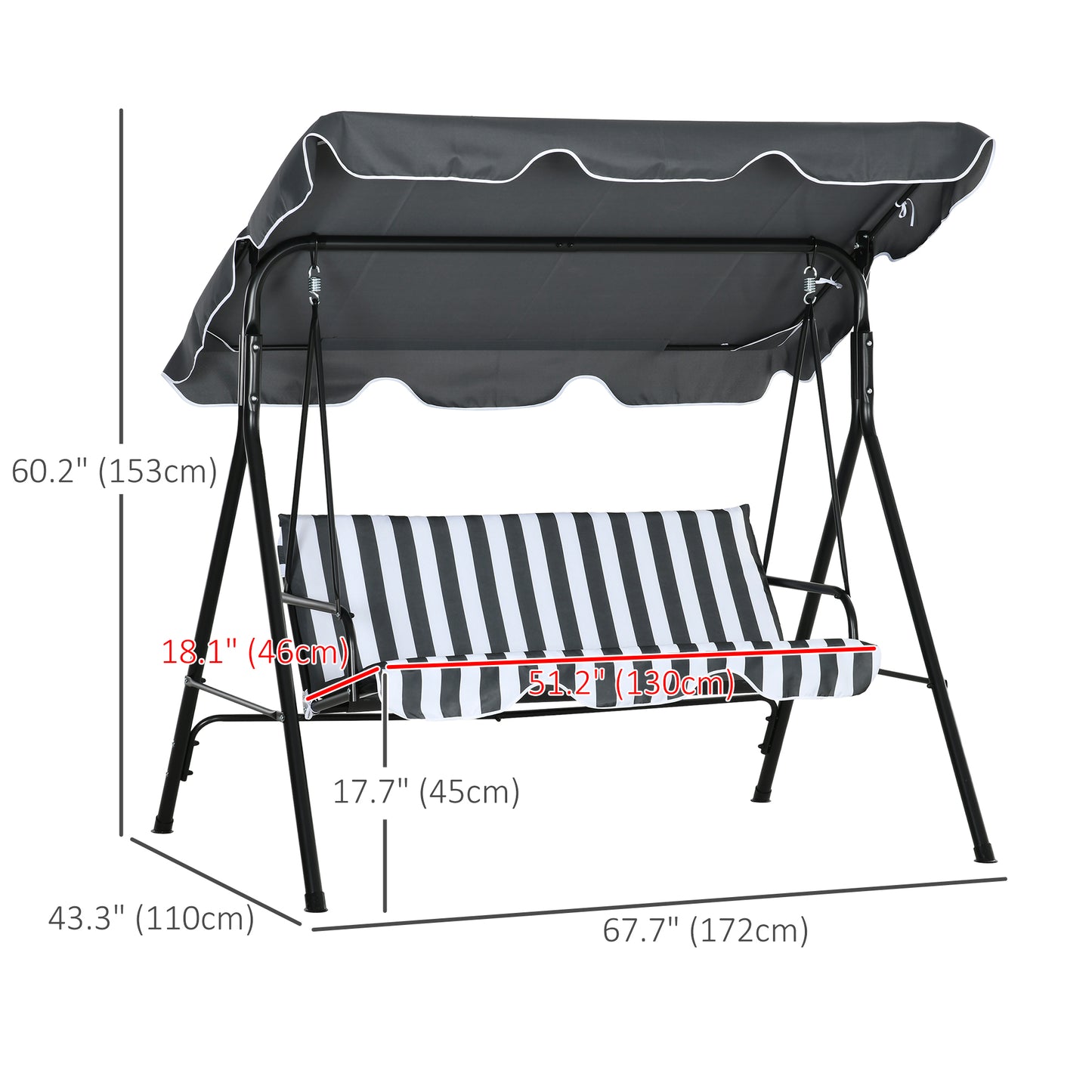 3-Seater Outdoor Porch Swing with Adjustable Canopy Shade: Patio Swing Chair for Garden Poolside Backyard Grey and White Kids Crystal