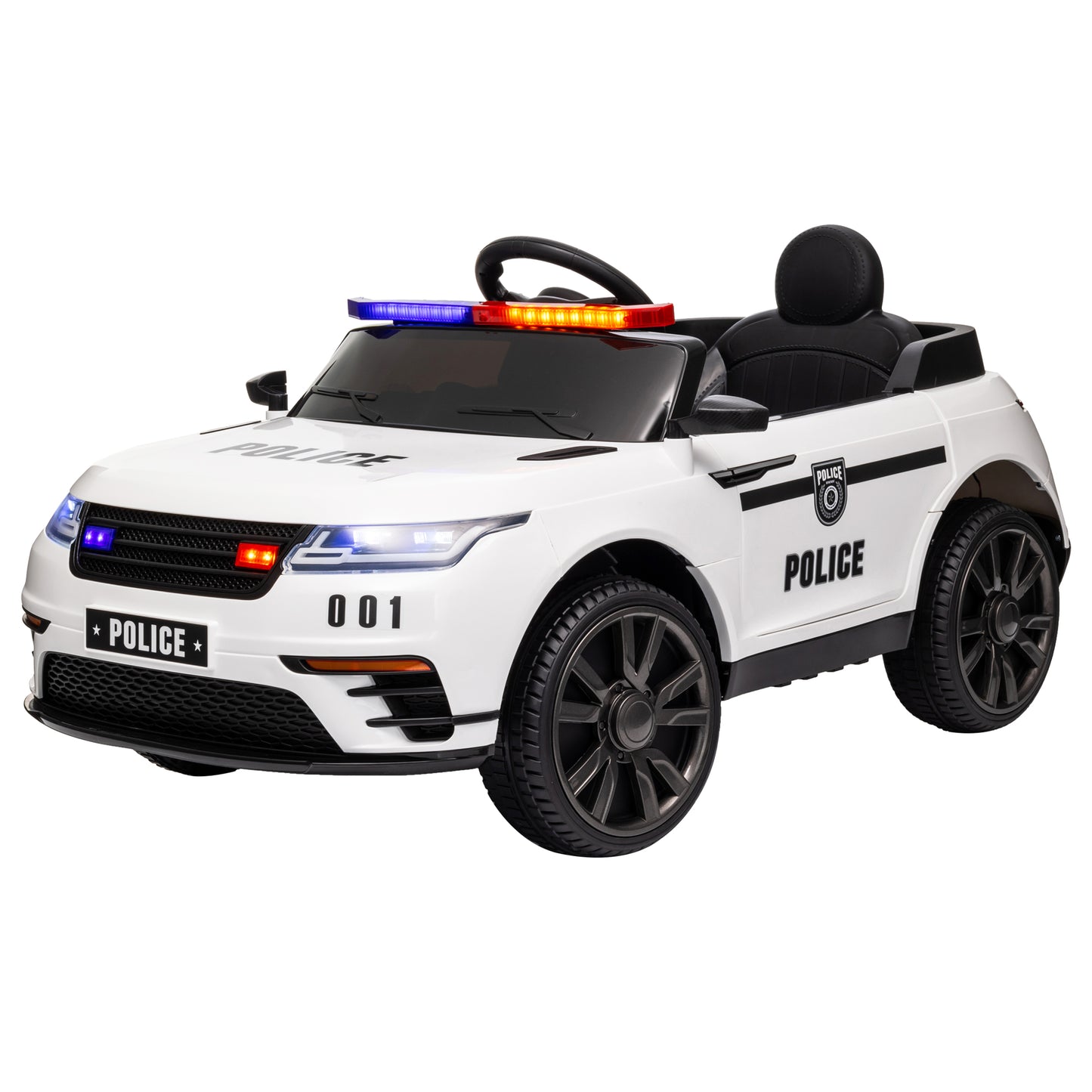 12V Kids Electric Police Car w/ Remote Control, Spring Suspension, Training Wheel, Siren, Music, Light, Horn, White Kids Crystal