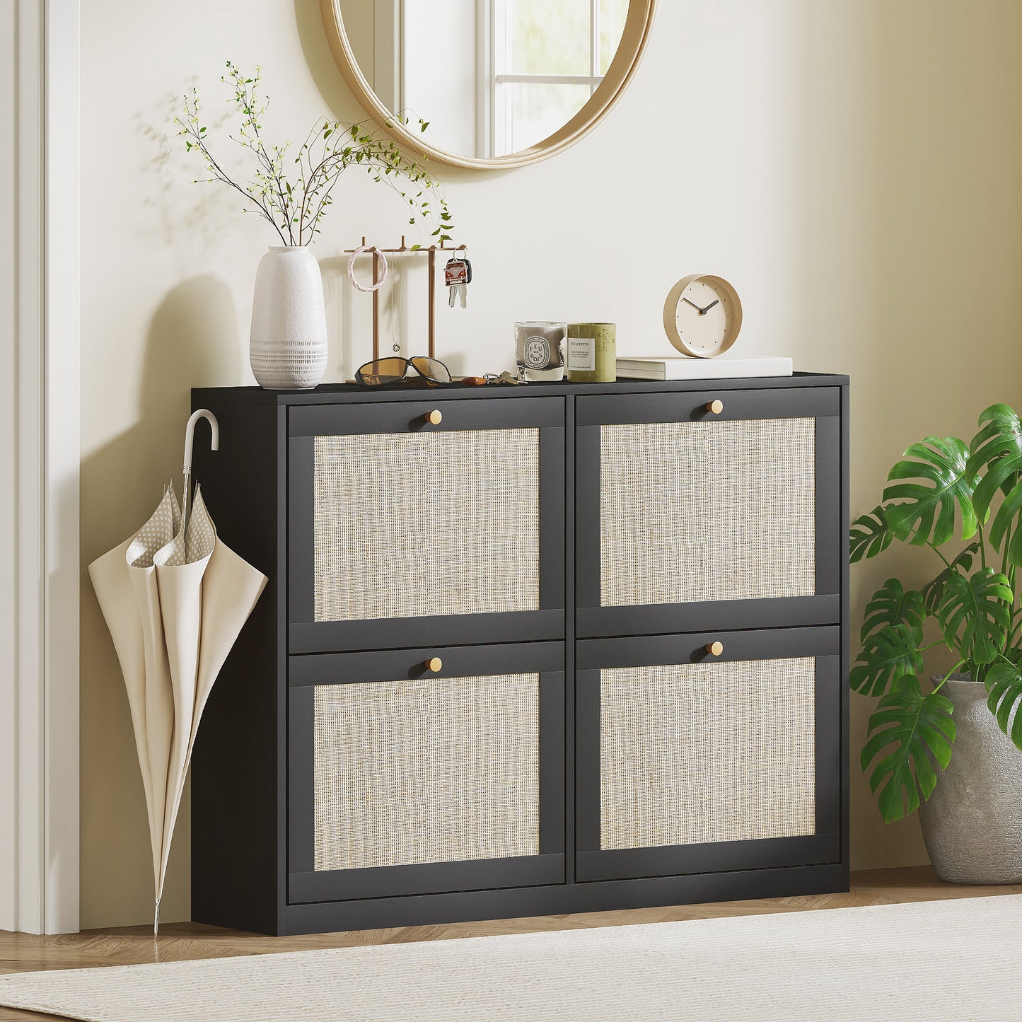 Narrow Shoe Storage Cabinet, Rattan Shoe Cabinet with 4 Flip Drawers and Adjustable Shelves for 20 Pairs, Black Kids Crystal