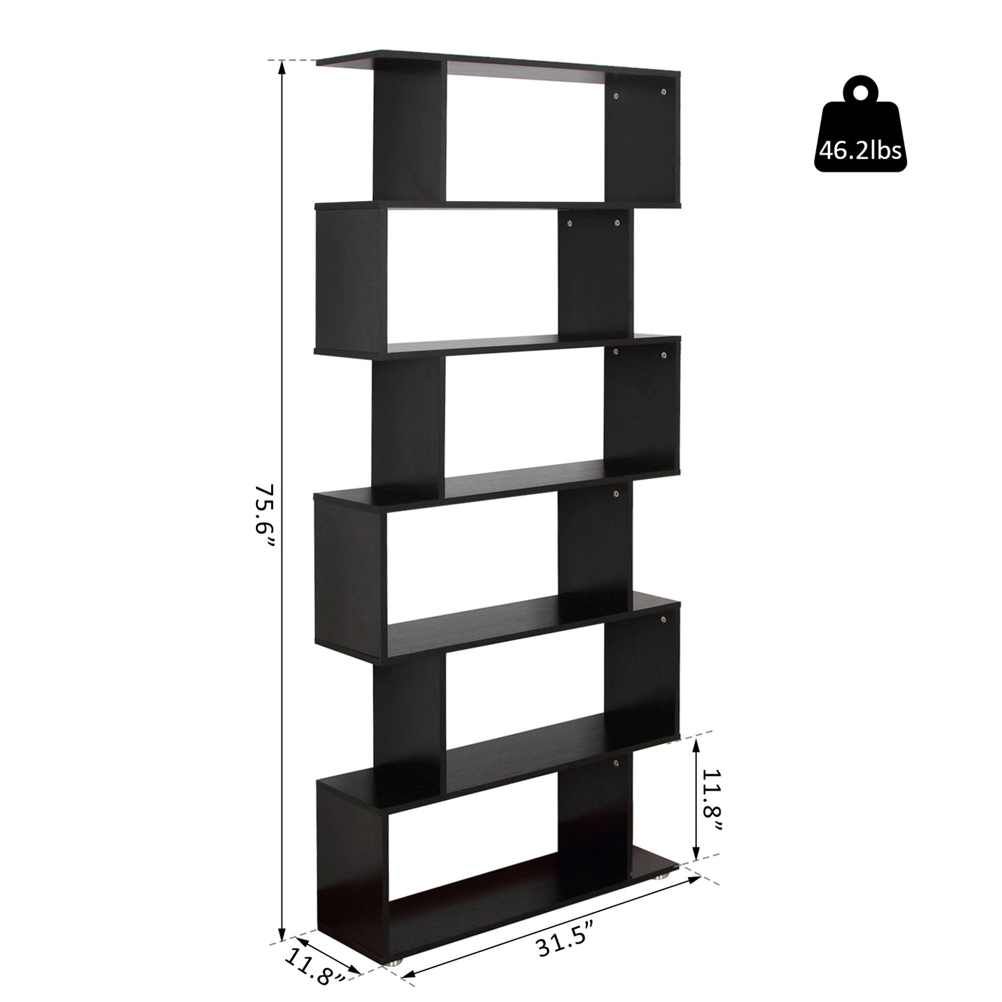 6-Tier S-Shape Wooden Bookcase: Storage Display Unit for Home Office Furniture, Black Kids Crystal