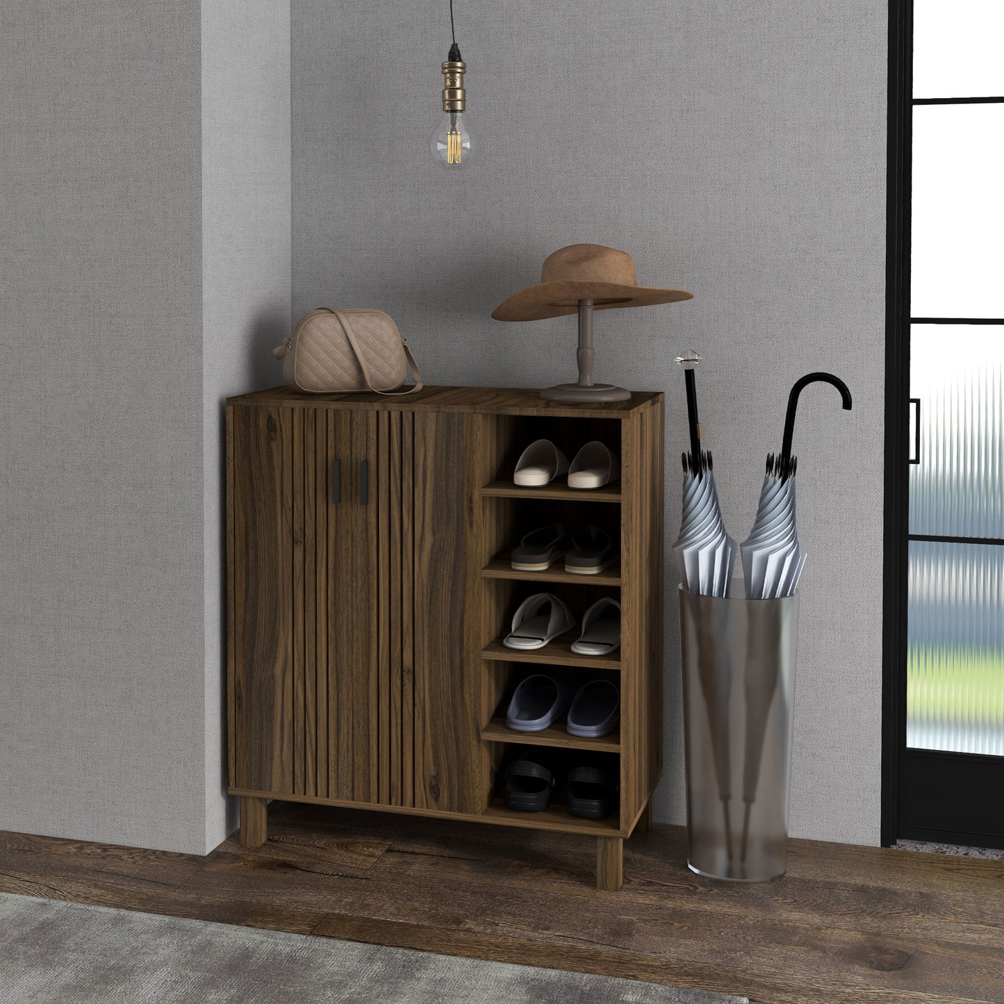 Entryway Elegance: Shoe Organizer with Double Doors, Open Shelves for 17 Pairs, Walnut Finish Kids Crystal