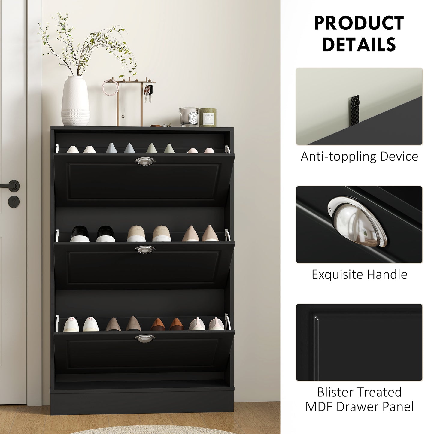Shoe Cabinet with 3 Flip Drawers, Narrow Shoe Storage Cabinet, Holds 12 Pairs for Entryway, Hallway, Black Kids Crystal