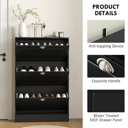Shoe Cabinet with 3 Flip Drawers, Narrow Shoe Storage Cabinet, Holds 12 Pairs for Entryway, Hallway, Black