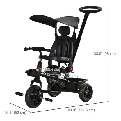 4-in-1 Baby Tricycle Stroller with Reversible Seat, Adjustable Handle, Canopy, Safety Belt, Storage - Black