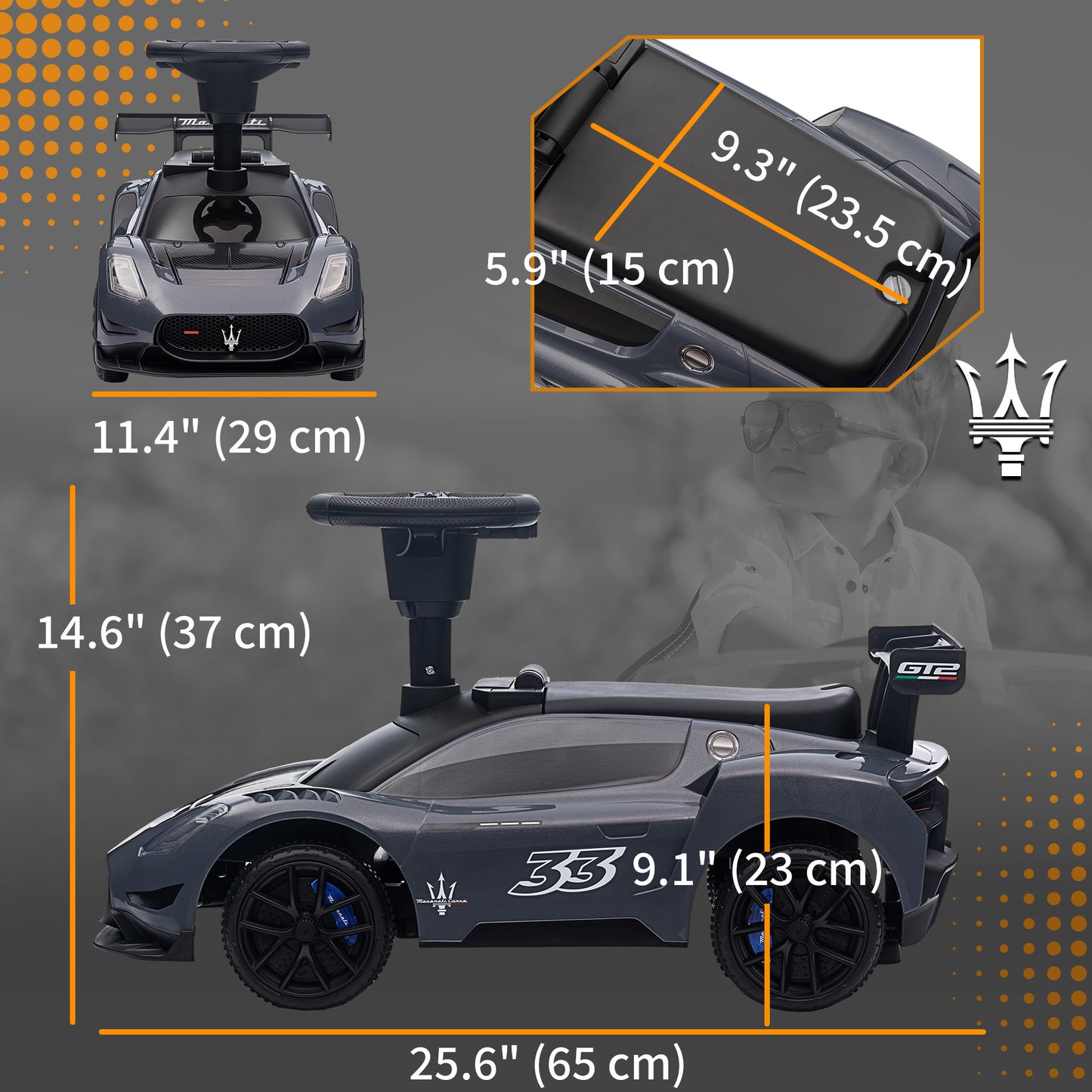 Licensed Maserati GT2 Baby Sliding Car with Storage, Music, Horn, Foot to Floor Toddler Car for 18-60 Months, Grey Kids Crystal