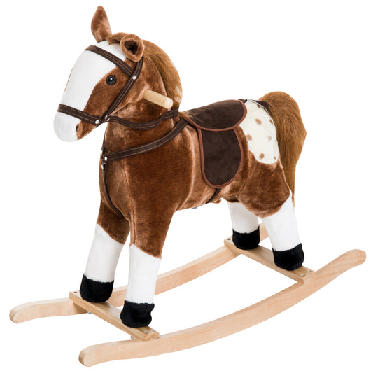 Kids Rocking Horse Plush Ride-On Toy Realistic Sounds Soft Brown Rocker Toddler Gift Kids Crystal