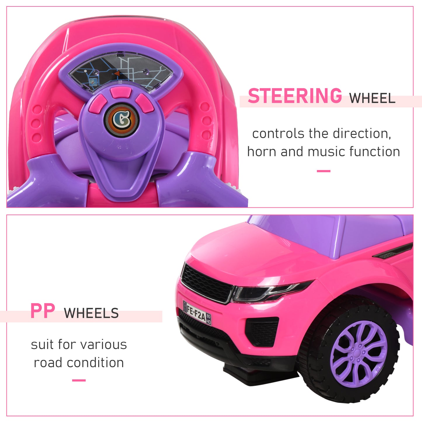 3 In 1 Kid Ride on Push Car Stroller Sliding Walking Car with Horn Music Light Function Secure Bar for 1-3 Years Old Pink Kids Crystal
