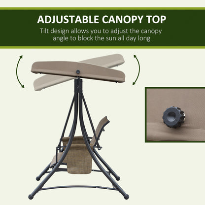 3 Person Porch Swing Outdoor Swing Chair with High Back Design, Side Pouches and Adjustable Canopy, Brown