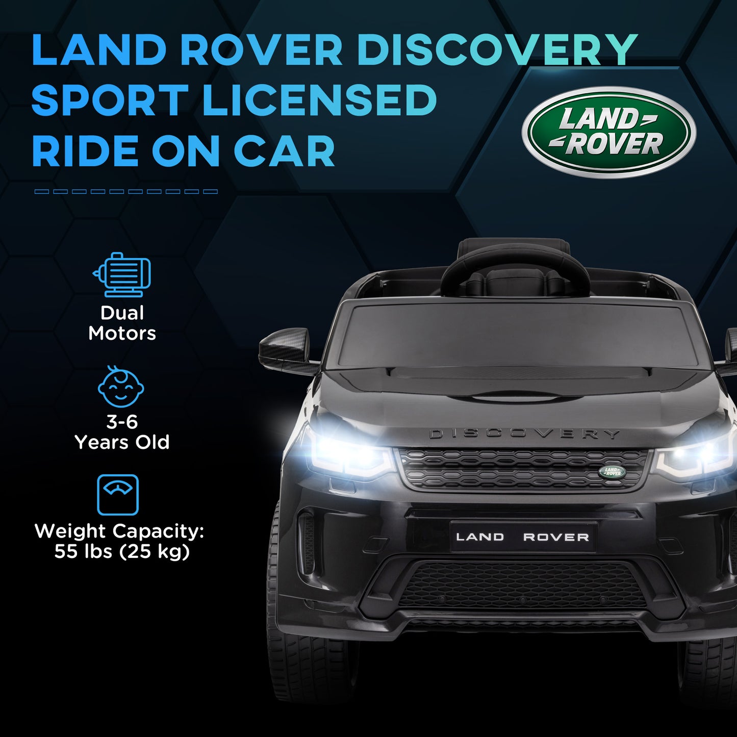 Land Rover Discovery Sport Licensed 12V Ride on Car w/ Remote, Soft Start, LED Lights, Music Horn, Black Kids Crystal