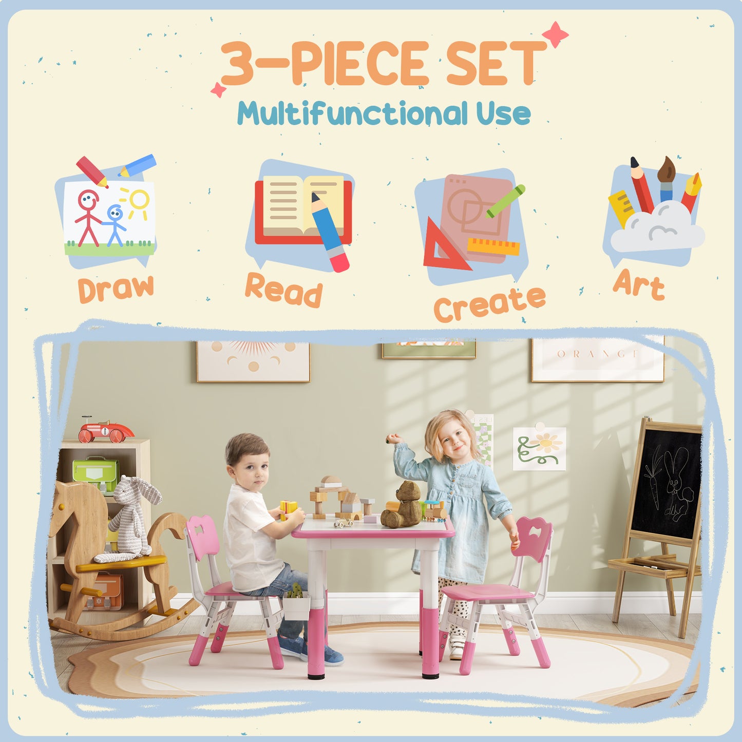 3 Piece Kids Table Chair Set Height Adjustable Storage Playroom Furniture Easy Clean Plastic Sturdy Construction Pink