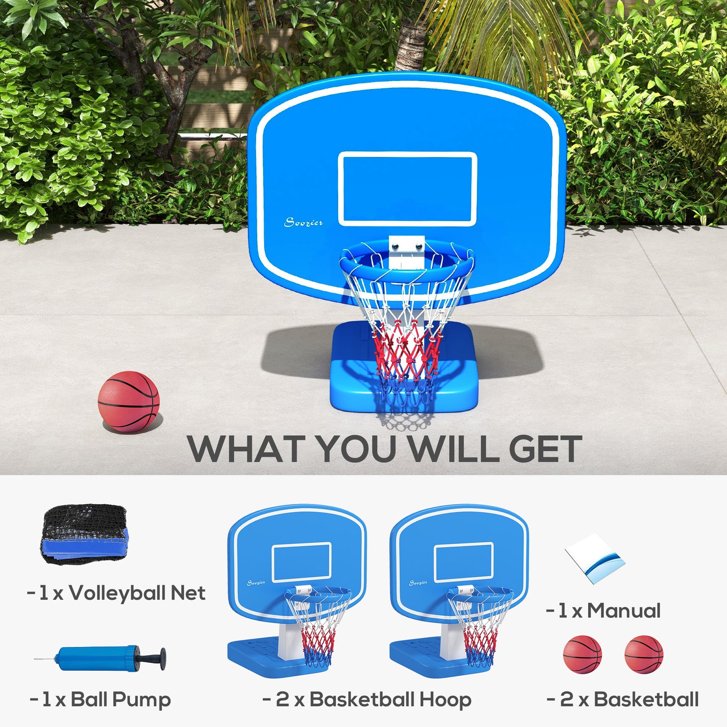 2-in-1 Pool Basketball Hoop Poolside & Volleyball Set, Portable Basketball Hoop with Fillable Base Kids Crystal