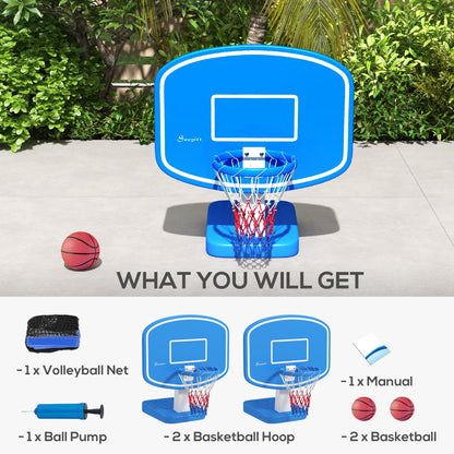 2-in-1 Pool Basketball Hoop Poolside & Volleyball Set, Portable Basketball Hoop with Fillable Base