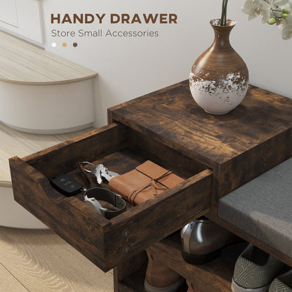 Upholstered Shoe Storage Bench Hallway Entryway Seat Drawer 3 Open Shelves Rustic Brown Wood