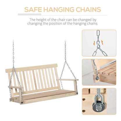 2-Seater Patio Swing Chair: Slatted Fir Wood Design with Hanging Chains, Natural Finish