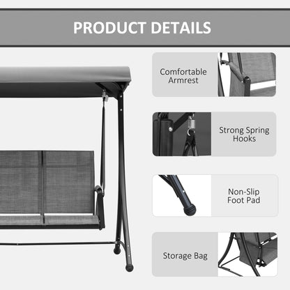 3 Person Porch Swing Chair - High Back Design, Side Pouches, Adjustable Canopy for Comfort, Dark Grey