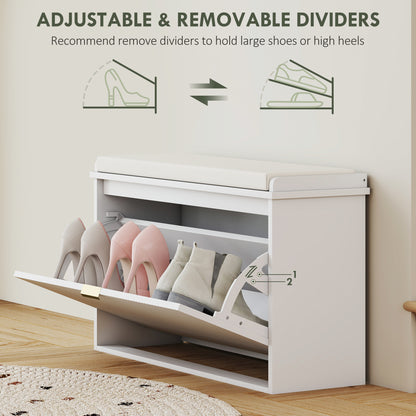 Entryway Bench with Padded Seat and Flip-Drawers, Holds up to 265lbs, Shoe Storage Bench for 8 Pairs of Shoes, White