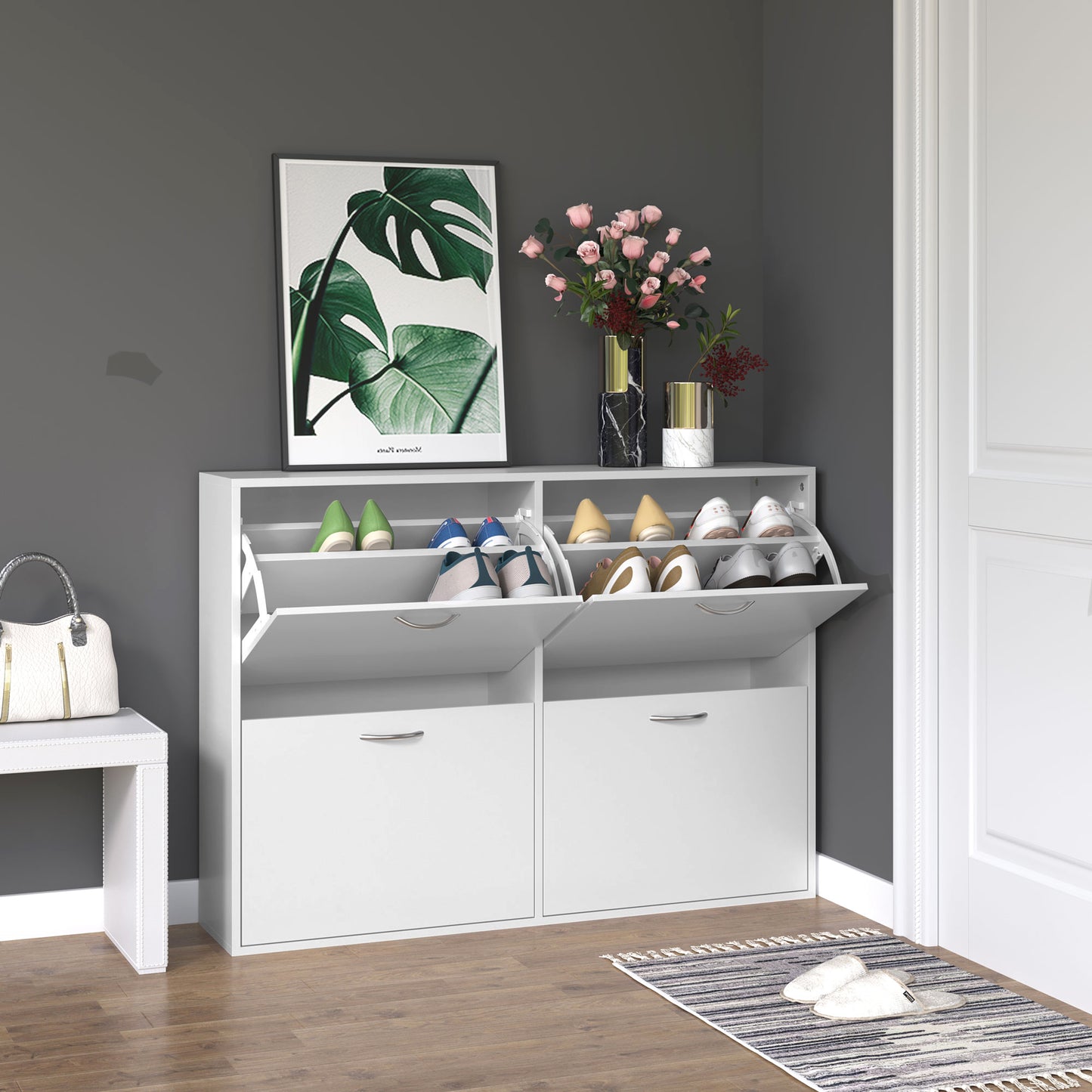Entryway Shoe Organizer, Modern Wooden Shoe Rack Cabinet with 4 Flip Down Drawers, Ample Storage Space in White Kids Crystal