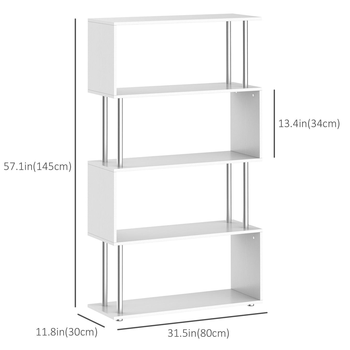 Z-Shape Bookcase Marvel: 5-Tier White Wooden Storage Display Shelf for Living Room, Bedroom, Office with Metal Frame Kids Crystal