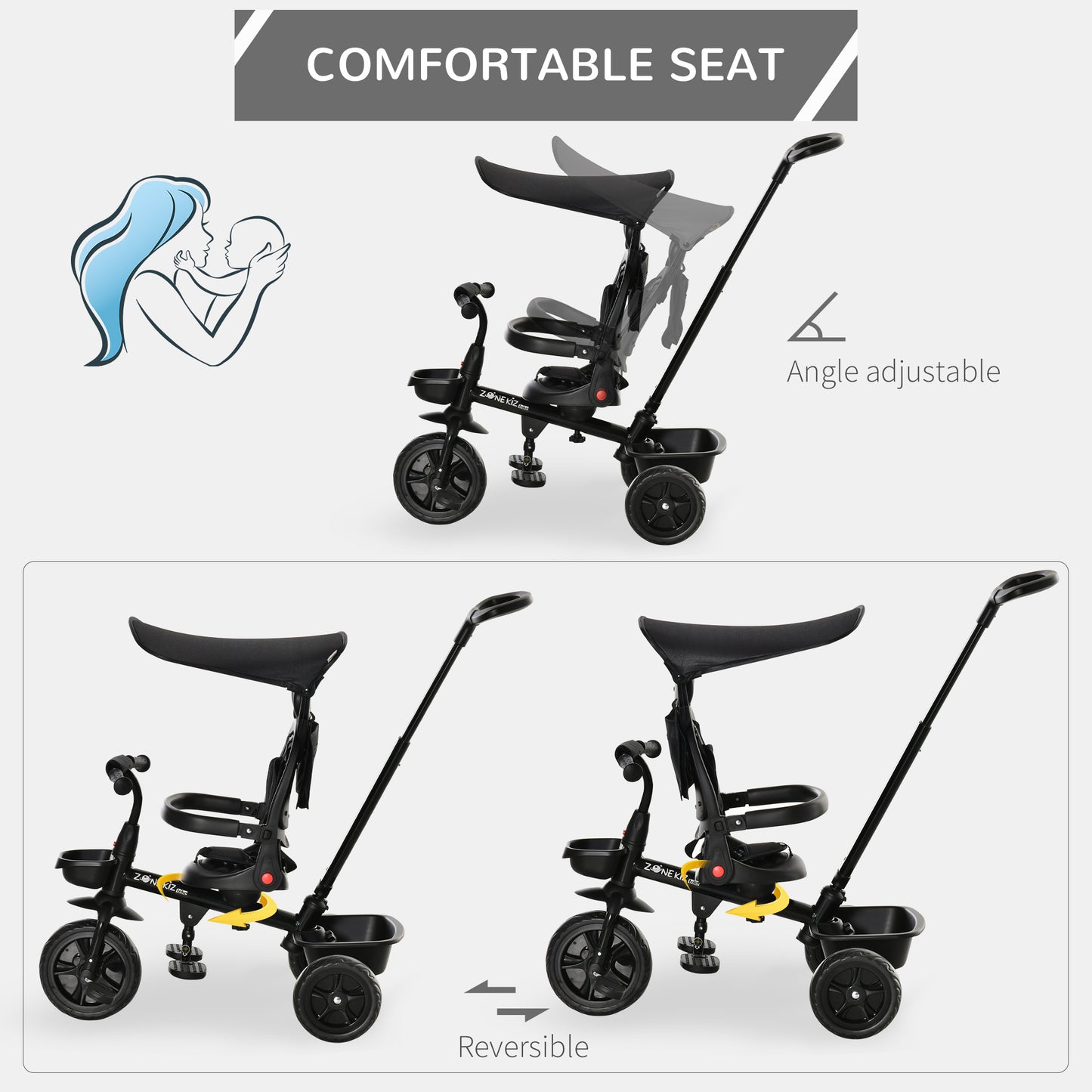 4-in-1 Baby Tricycle Stroller with Reversible Seat, Adjustable Handle, Canopy, Safety Belt, Storage - Black