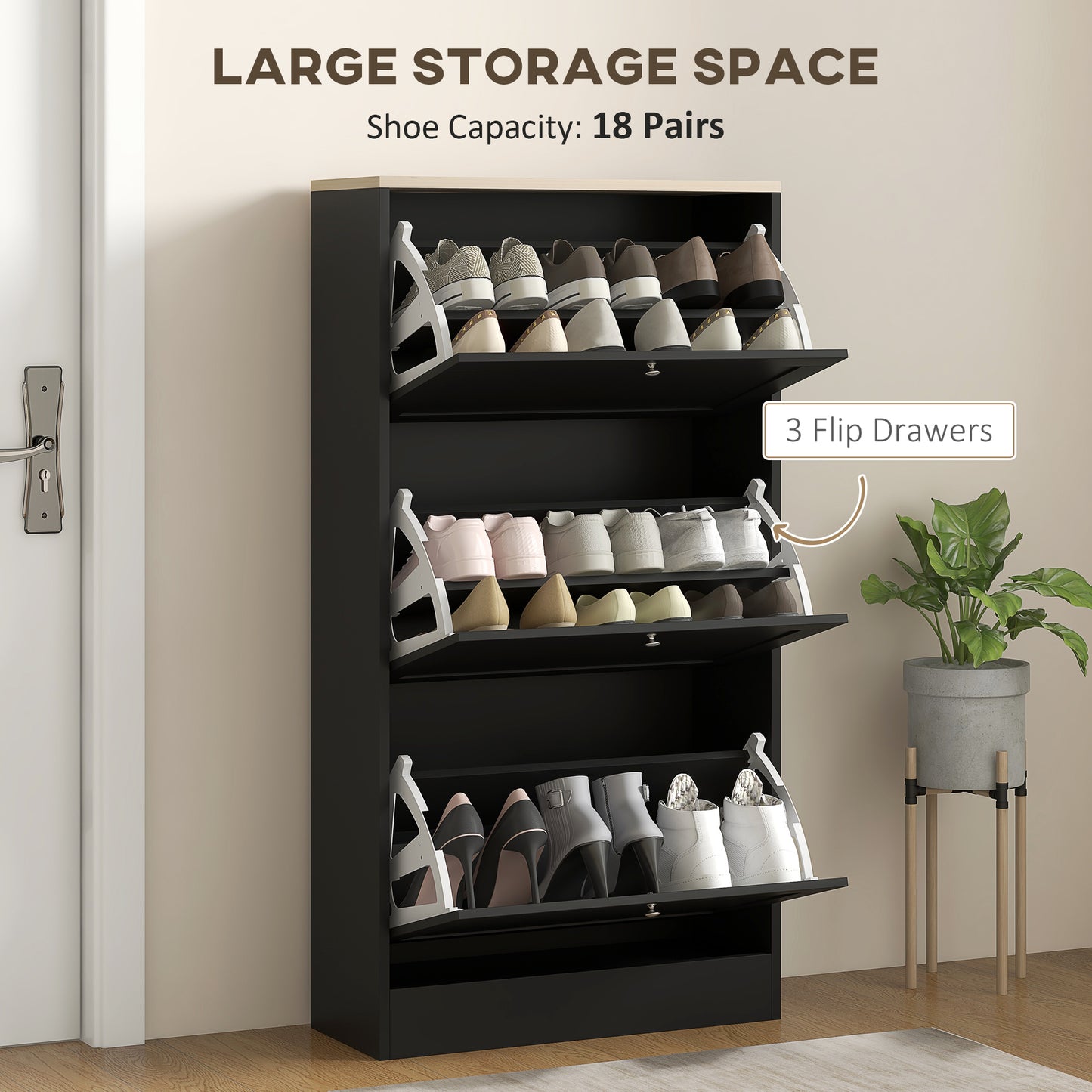 Modern Shoe Storage Cabinet with 3 Flip Drawers Adjustable Shelves for 18 Pairs Black Kids Crystal