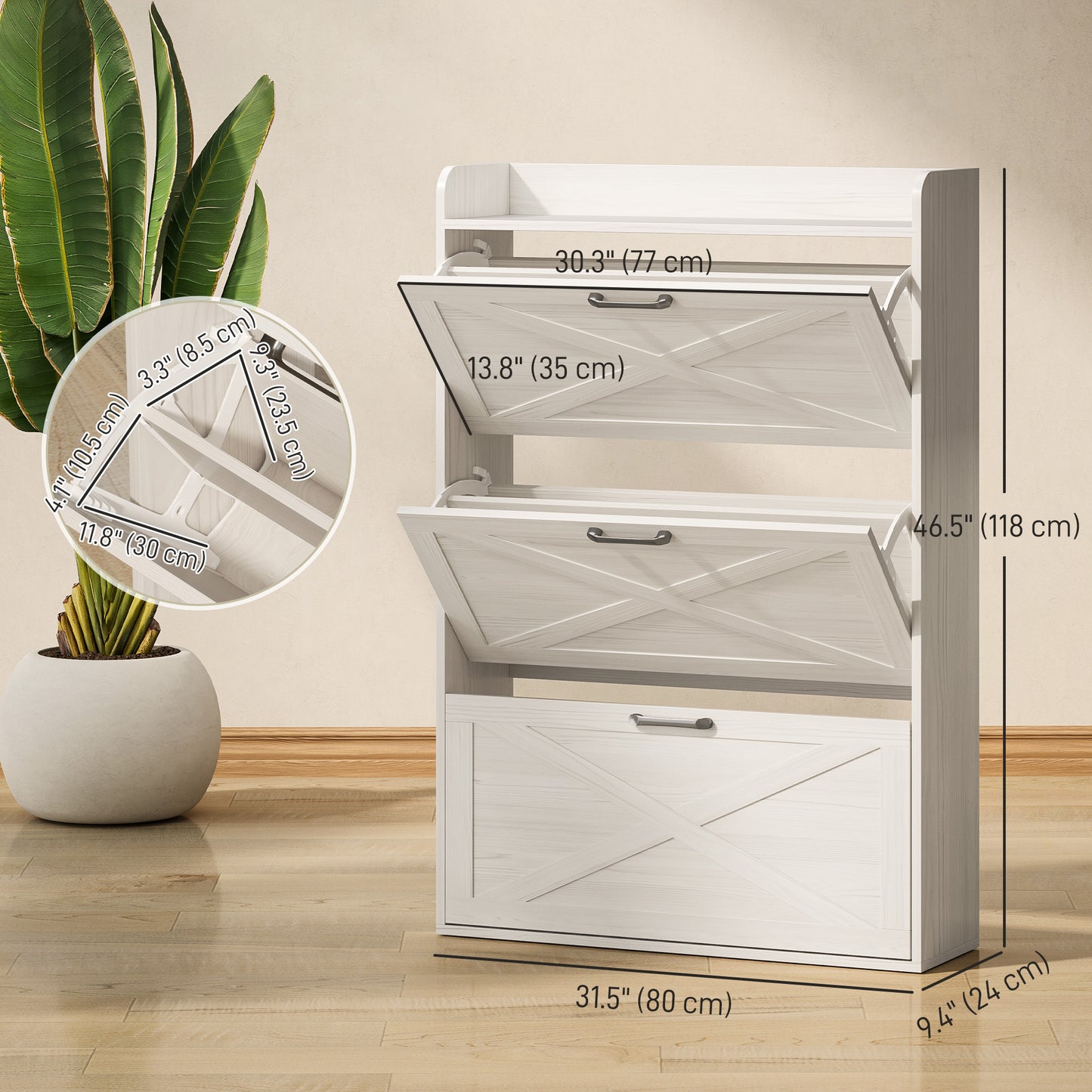 Narrow Shoe Storage Cabinet Farmhouse Shoe Cabinet with 3 Flip Drawers Adjustable Shelves for Entryway White Wood Grain Kids Crystal