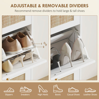 Rattan Shoe Storage Cabinet with 3 Flip Drawers and Adjustable Shelves, Entryway Shoe Cabinet for 18 Pairs, White