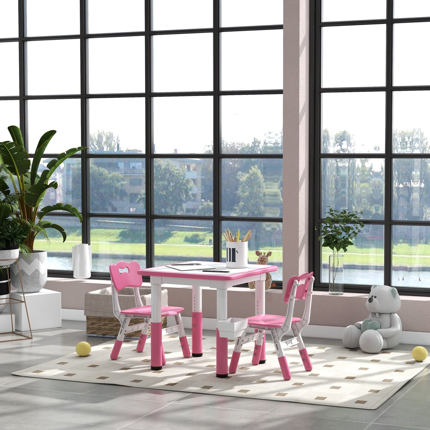 3 Piece Kids Table Chair Set Height Adjustable Storage Playroom Furniture Easy Clean Plastic Sturdy Construction Pink