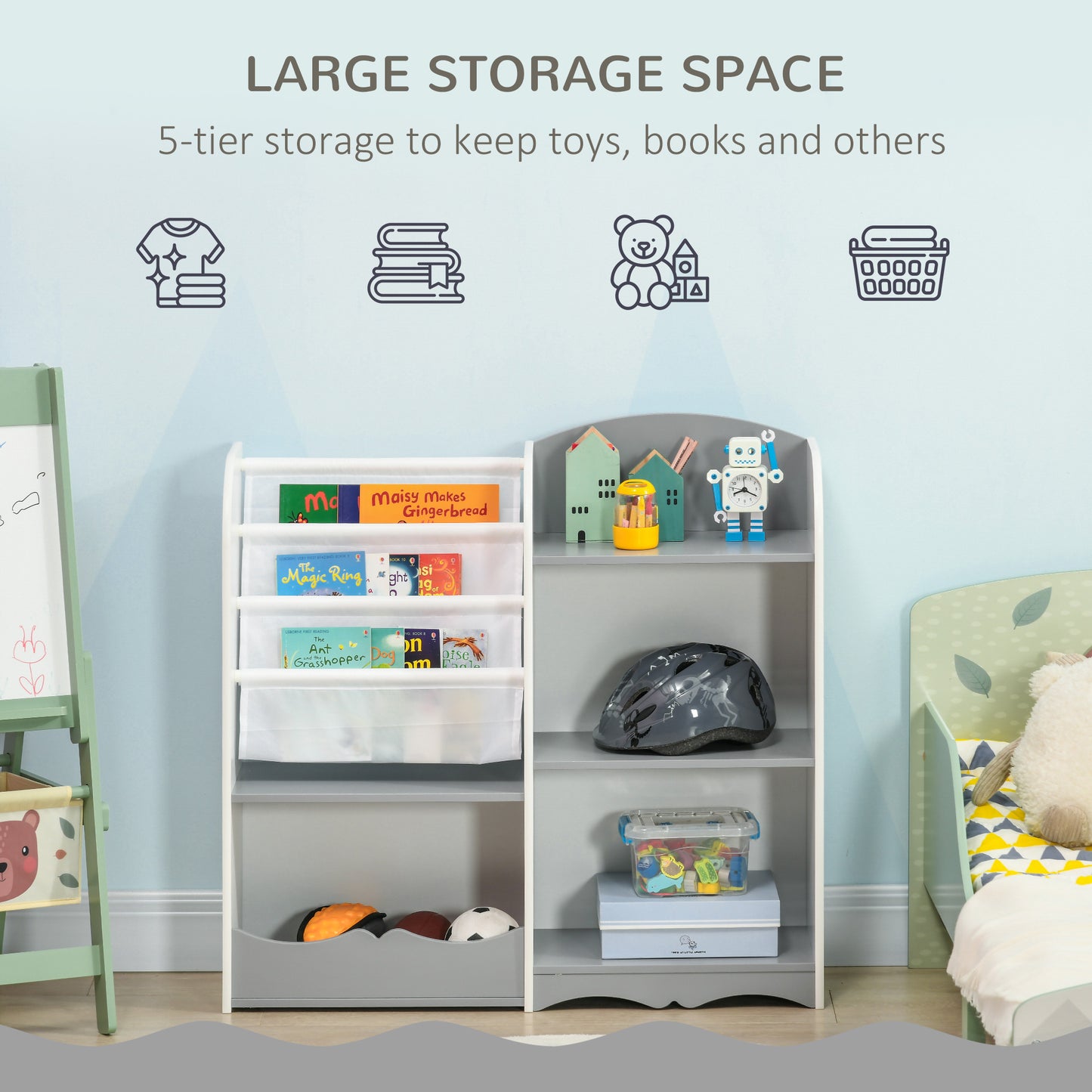 Kids Toy Storage Organizer Shelf Children Bookshelf for Bedroom Playroom Nursery Grey Kids Crystal