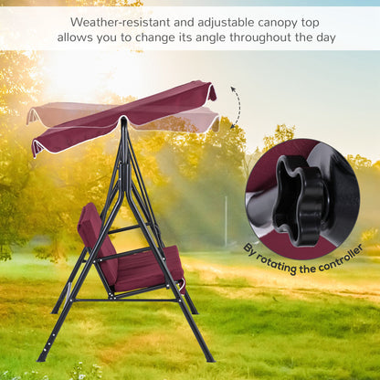 Meatal 3-Seater Outdoor Porch Swing with Stand Cushioned Garden Lounger Patio Hammock with Frame and Canopy, Wine Red