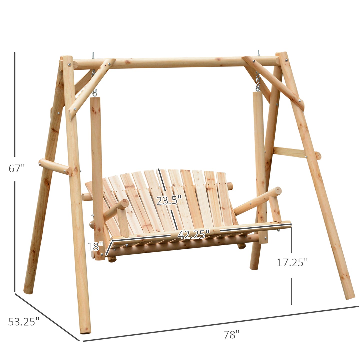 6.5ft Outdoor Loveseat, Wood Porch Swing for 2 Person, Freestanding Garden Swing, Comfortable Seating Kids Crystal