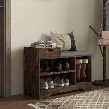 Upholstered Shoe Storage Bench Hallway Entryway Seat Drawer 3 Open Shelves Rustic Brown Wood