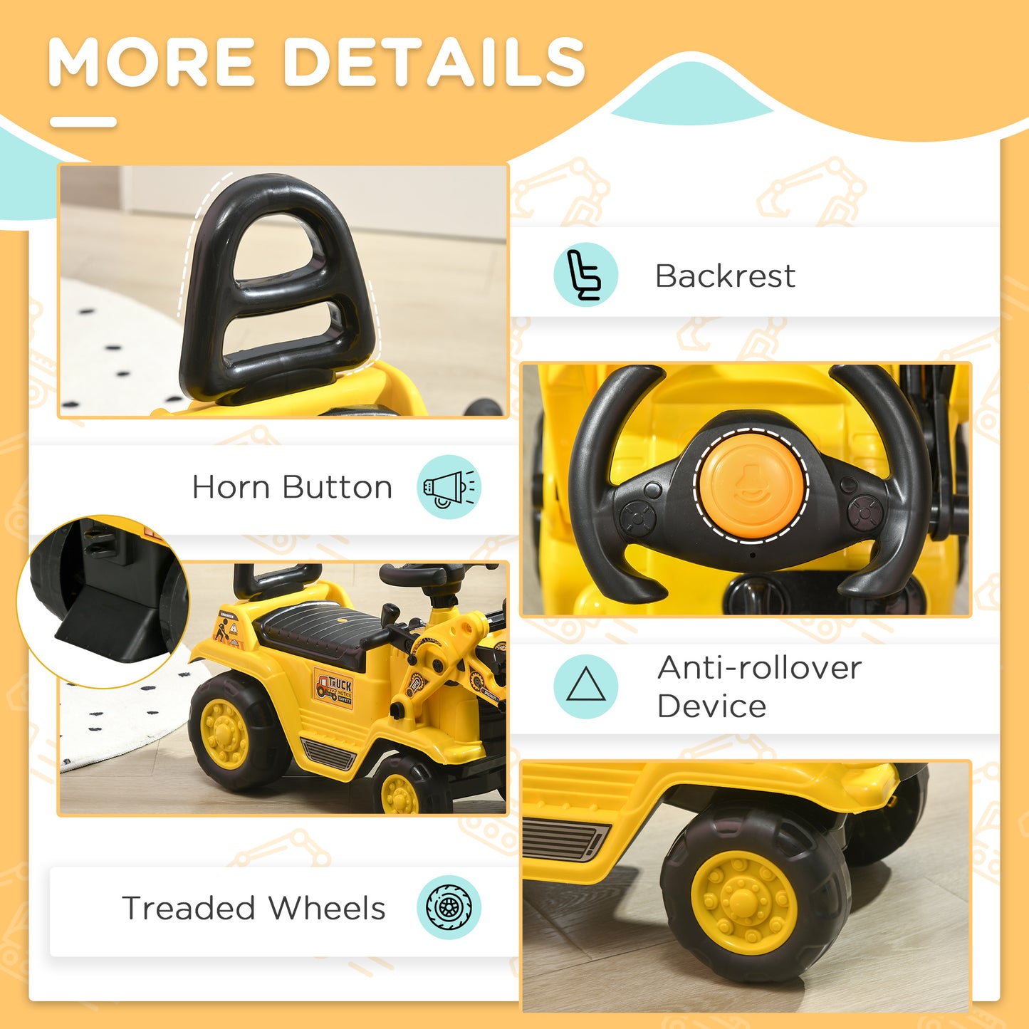 Kids Ride-On Bulldozer Toy with Excavator Bucket Horn Steering Wheel Under Seat Storage for Toddlers Yellow Kids Crystal