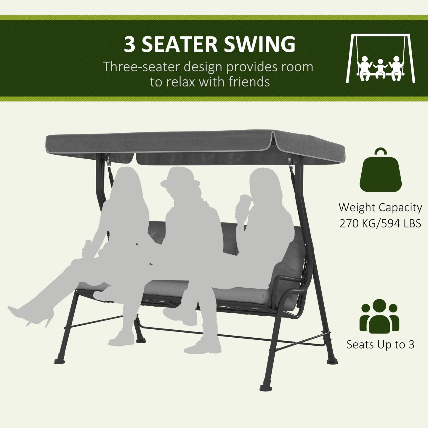 3-Person Patio Swing Chair with Canopy 3 Seater Porch Swing for Garden, Backyard, Poolside, Light Grey Kids Crystal