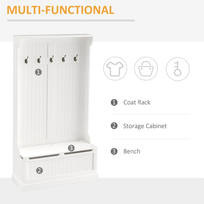 71 Inch Hall Tree with Storage Bench 3-In-1 Coat Rack 5 Steel Hooks Entryway Organizer Cream White