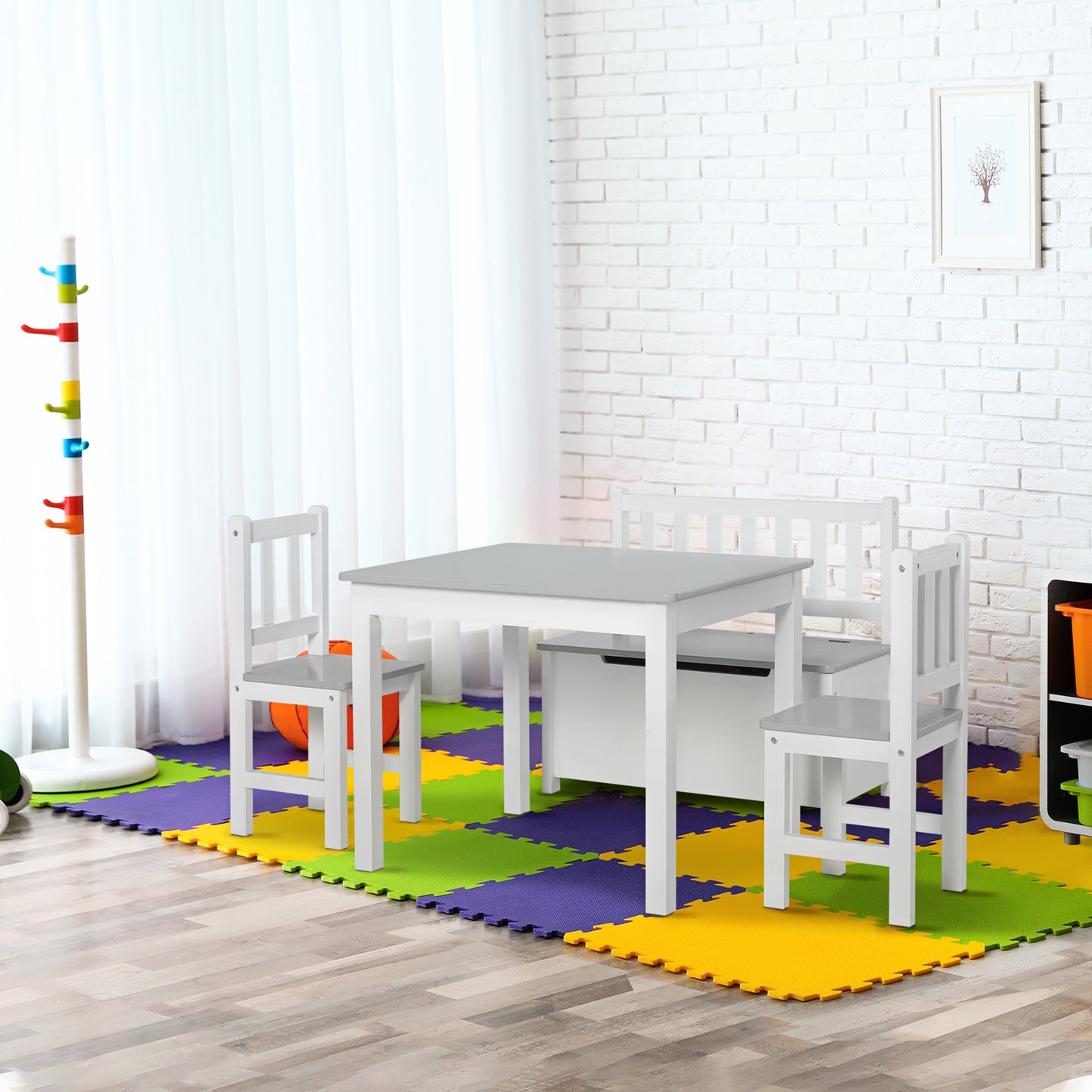 4-Piece Kids Table Chair Bench Set: With Storage, Easy Clean, Grey/White for Boys & Girls Kids Crystal