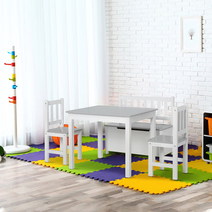 4-Piece Kids Table Chair Bench Set: With Storage, Easy Clean, Grey/White for Boys & Girls