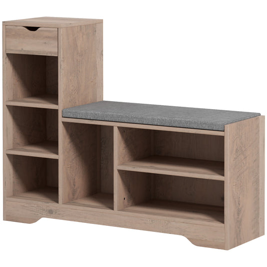 Upholstered Shoe Storage Bench w/ Seat, Entrance Bench w/ Drawer and 6 Open Shelves for Hallway, Grey Kids Crystal