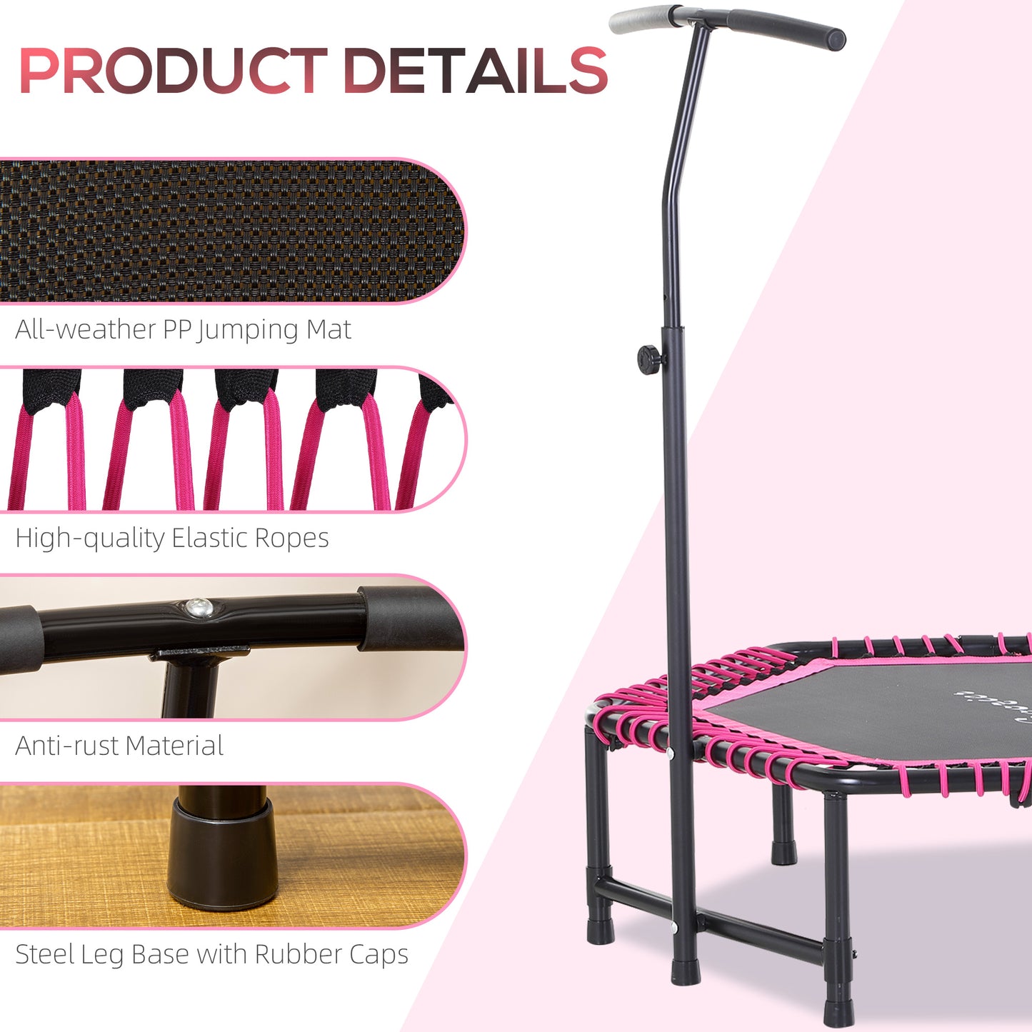 Hexagon Mini Trampoline 48" Adult Fitness Rebounder with Adjustable Handle Pink Cardio Trainer Outdoor Bouncer Kids Crystal